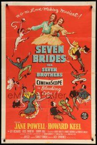 9p757 SEVEN BRIDES FOR SEVEN BROTHERS 1sh '54 art of Jane Powell & Howard Keel, classic musical!