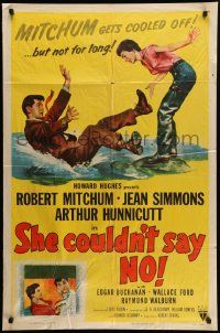 9p774 SHE COULDN'T SAY NO style A 1sh '54 sexy short-haired Jean Simmons, Dr. Robert Mitchum!
