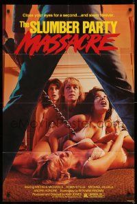 9p793 SLUMBER PARTY MASSACRE 1sh '82 killer stares down four sexy barely-dressed girls on floor!