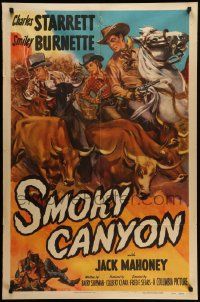 9p795 SMOKY CANYON 1sh '51 art of Charles Starrett & Smiley Burnette herding cattle!