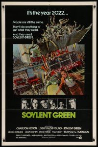 9p811 SOYLENT GREEN 1sh '73 Heston trying to escape riot control in the year 2022 by John Solie!