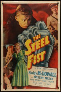 9p826 STEEL FIST 1sh '52 Roddy McDowall, Kristine Miller, cool art of giant metal hand!