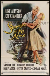 9p837 STRANGER IN MY ARMS 1sh '59 art of Jeff Chandler holding pretty June Allyson!