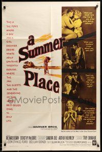 9p842 SUMMER PLACE 1sh '59 Sandra Dee & Troy Donahue in young lovers classic, cool cast montage!