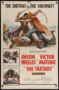 9p861 TARTARS 1sh '61 great artwork of Victor Mature battling Orson Welles!