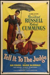 9p868 TELL IT TO THE JUDGE 1sh '49 Robert Cummings dumps water on Rosalind Russell!
