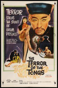 9p874 TERROR OF THE TONGS 1sh '61 cool art of Asian villain Chris Lee, drug-crazed assassins!