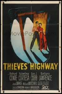 9p884 THIEVES' HIGHWAY 1sh '49 art of trucker Richard Conte & Valentina Cortese, Jules Dassin
