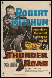 9p892 THUNDER ROAD 1sh '58 great artwork of moonshiner Robert Mitchum!