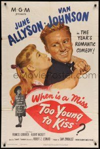 9p907 TOO YOUNG TO KISS 1sh '51 great romantic close up of Van Johnson & June Allyson!