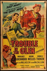9p921 TROUBLE IN THE GLEN 1sh '54 art of Orson Welles & Margaret Lockwood in Scotland!