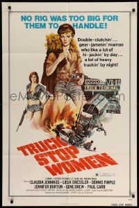 9p924 TRUCK STOP WOMEN 1sh '74 no rig was too big for sexy Claudia Jennings, Smith art!