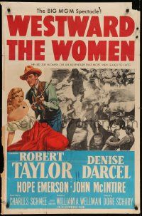 9p952 WESTWARD THE WOMEN 1sh '51 art of Robert Taylor & sexy mail-order bride Denise Darcel!