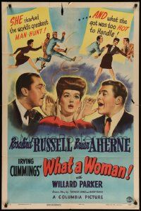 9p955 WHAT A WOMAN style B 1sh '43 Rosalind Russell, Brian Aherne, merriest man-hunt in kisstory!