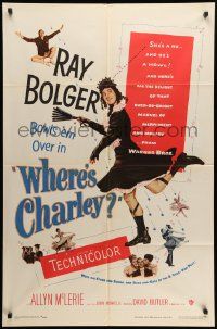 9p962 WHERE'S CHARLEY 1sh '52 great artwork of wacky cross-dressing Ray Bolger!