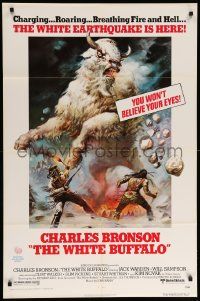 9p964 WHITE BUFFALO 1sh '77 Charles Bronson, great Boris Vallejo action art of giant buffalo!