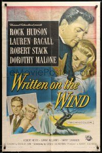 9p985 WRITTEN ON THE WIND 1sh '56 Brown art of sexy Lauren Bacall with Rock Hudson & Robert Stack!