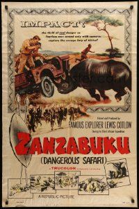 9p996 ZANZABUKU 1sh '56 Dangerous Safari in savage Africa, art of rhino ramming jeep!