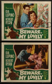 9r103 BEWARE MY LOVELY 8 LCs '52 film noir, Ida Lupino is trapped by Robert Ryan!