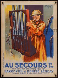 9t689 AU SECOURS French 24x32 '25 art of soldier Harry Piel carrying gun rack by Gaillant!