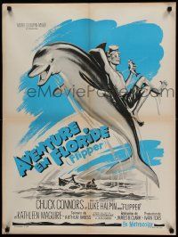 9t710 FLIPPER French 24x32 '64 Chuck Connors, Luke Halpin, cool art of boy & dolphin!