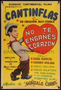 9t022 NO TE ENGANES CORAZON Mexican poster R40s great deceptive art of Cantinflas holding heart!