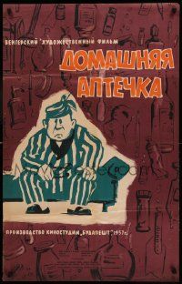 9t611 HOME APOTHEKE Russian 25x39 '59 wacky different Babanovski art of sick man on couch!