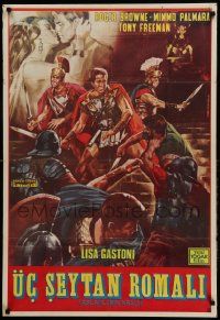 9t388 THREE SWORDS FOR ROME Turkish '66 cool artwork of three gladiators in battle by Piovano!