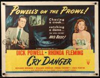 9w500 CRY DANGER style A 1/2sh '51 great film noir stone litho art of Dick Powell & Rhonda Fleming!