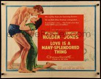 9w703 LOVE IS A MANY-SPLENDORED THING 1/2sh '55 romantic art of William Holden & Jennifer Jones!