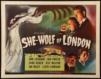 9w862 SHE-WOLF OF LONDON signed 1/2sh '46 by June Lockhart & Martin Kosleck, art of hooded phantom!