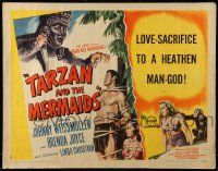 9w905 TARZAN & THE MERMAIDS style B 1/2sh '48 art of Weissmuller tied to tree by heathen man-god!