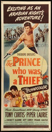 9w207 PRINCE WHO WAS A THIEF insert '51 romantic art of Tony Curtis & pretty Piper Laurie!