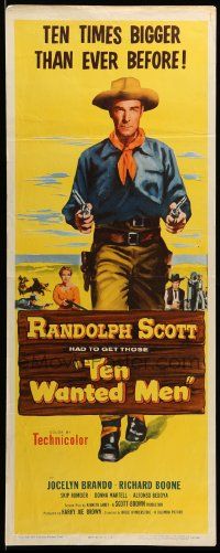 9w287 TEN WANTED MEN insert '54 cool image of cowboy Randolph Scott with two six-shooters!