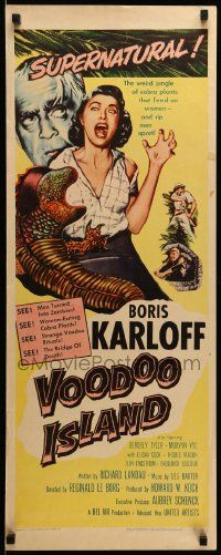 9w333 VOODOO ISLAND insert '57 Boris Karloff, art of woman-eating cobra plant attacking girl!