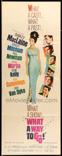 9w339 WHAT A WAY TO GO insert '64 Paul Newman, Mitchum, Dean Martin, full-length Shirley MacLaine!