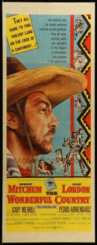 9w353 WONDERFUL COUNTRY insert '59 Texan Robert Mitchum in sombrero, cool artwork!