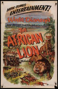 9y020 AFRICAN LION 1sh '55 Walt Disney jungle safari documentary, cool animal artwork!