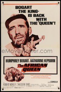 9y021 AFRICAN QUEEN 1sh R68 colorful montage artwork of Humphrey Bogart & Katharine Hepburn!