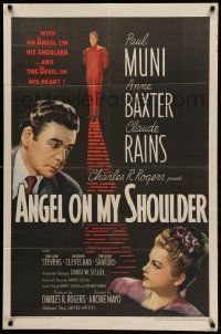 9y038 ANGEL ON MY SHOULDER 1sh '46 artwork of Paul Muni, Claude Rains, pretty Anne Baxter!