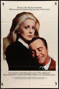 9y045 APRIL FOOLS int'l 1sh '69 romantic close up of Jack Lemmon & Catherine Deneuve!