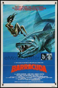 9y061 BARRACUDA 1sh '78 great colorful artwork of huge killer fish attacking sexy diver in bikini!