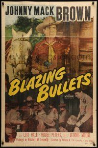 9y091 BLAZING BULLETS 1sh '51 cowboy Johnny Mack Brown, House Peters Jr, western action!