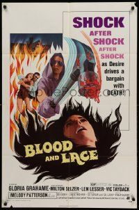 9y095 BLOOD & LACE 1sh '71 AIP, gruesome horror image of wacky cultist w/bloody hammer!