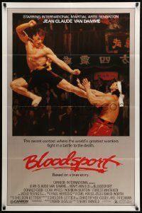 9y096 BLOODSPORT 1sh '88 cool image of Jean Claude Van Damme kicking Bolo Yeung in his huge pecs!