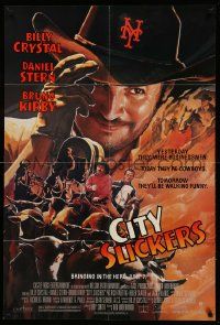 9y160 CITY SLICKERS advance 1sh '91 Alvin artwork of cowboys Billy Crystal & Daniel Stern!