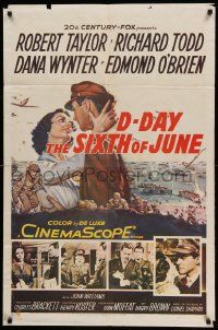 9y210 D-DAY THE SIXTH OF JUNE 1sh '56 art of Robert Taylor & sexy Dana Wynter in WWII!