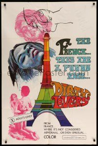 9y229 DIRTY LOVERS 1sh '70 French are funny about sex, cool different art of the Eiffel Tower!