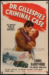 9y248 DR. GILLESPIE'S CRIMINAL CASE 1sh '43 art of soldier Michael Duane romancing Donna Reed!