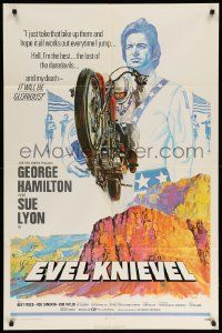 9y277 EVEL KNIEVEL 1sh '71 George Hamilton is THE daredevil, great art of motorcycle jump!